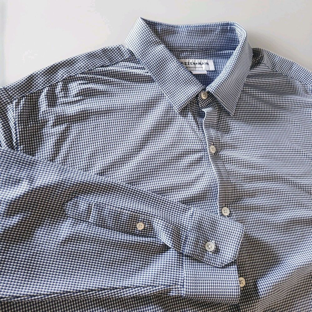 Mizzen Main Shirt Mens 2XL Blue Plaid‎ Gingham Classic Button Up Performance